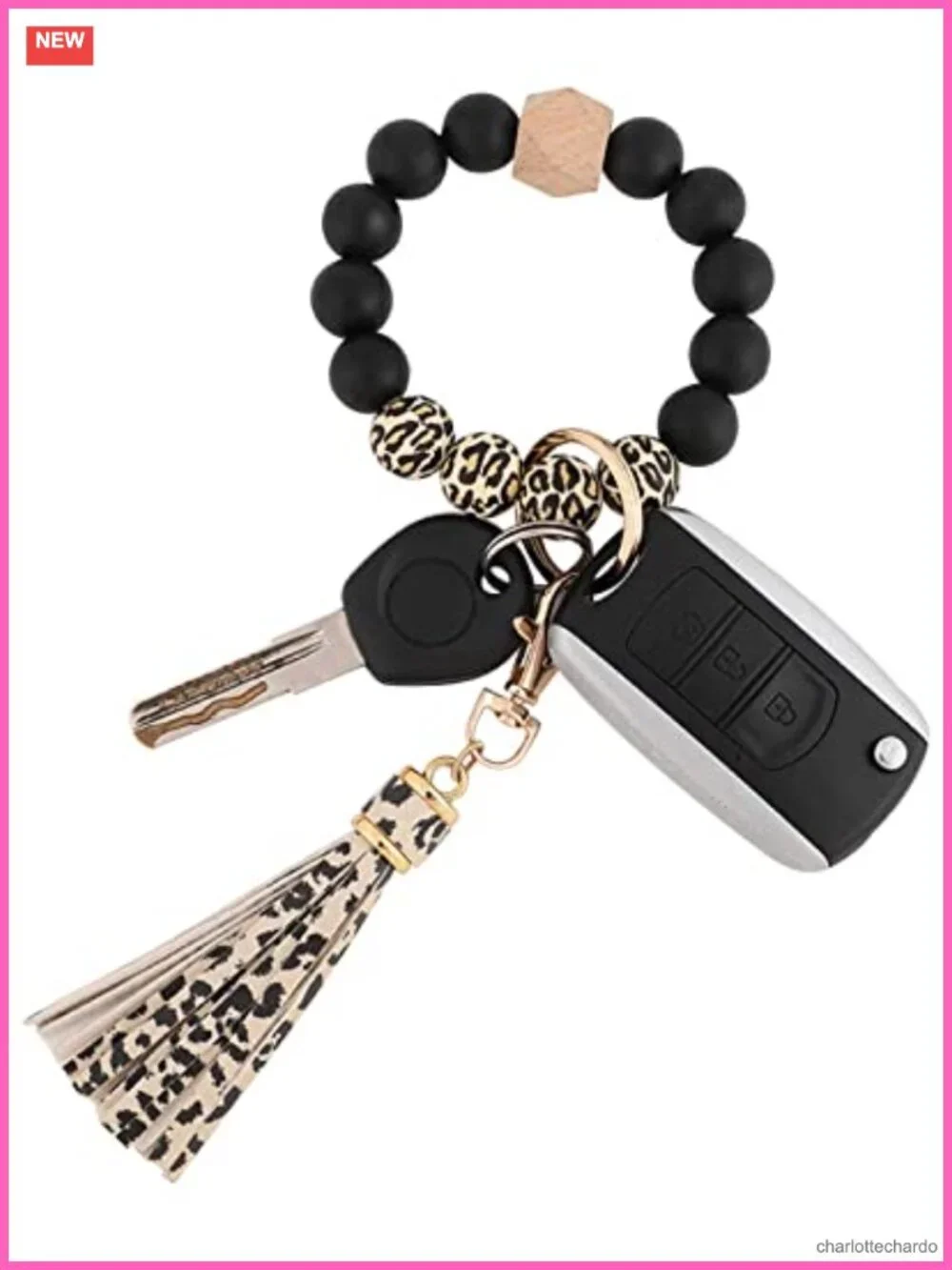 Silicone Beaded Keychain Bracelet Wristlet with Leather Tassel